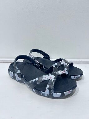 Crocs Meleen Crossband Sandals Black Floral Slingback Comfort Beach Size 7